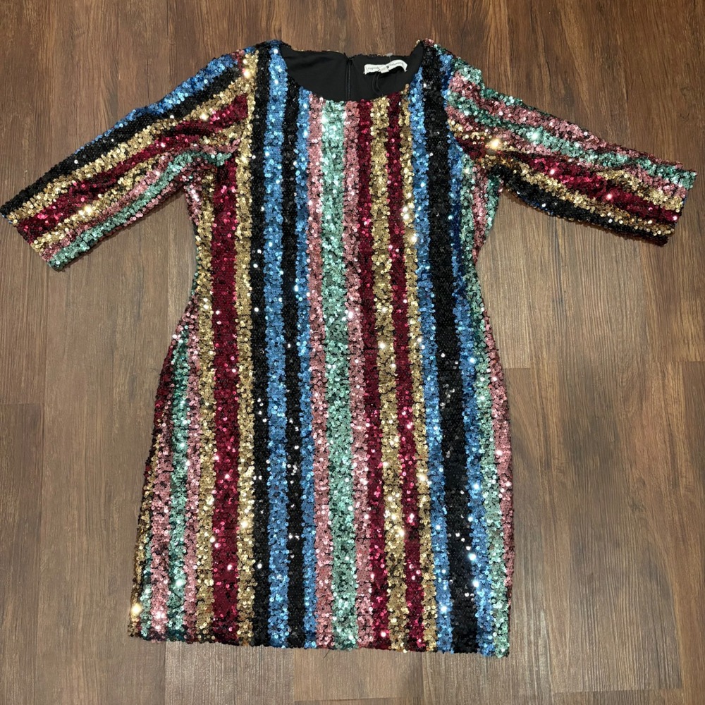 Glam Rainbow Multi-Stripe Sequin Minidress Large NYE Statement Cupcakes Cashmere
